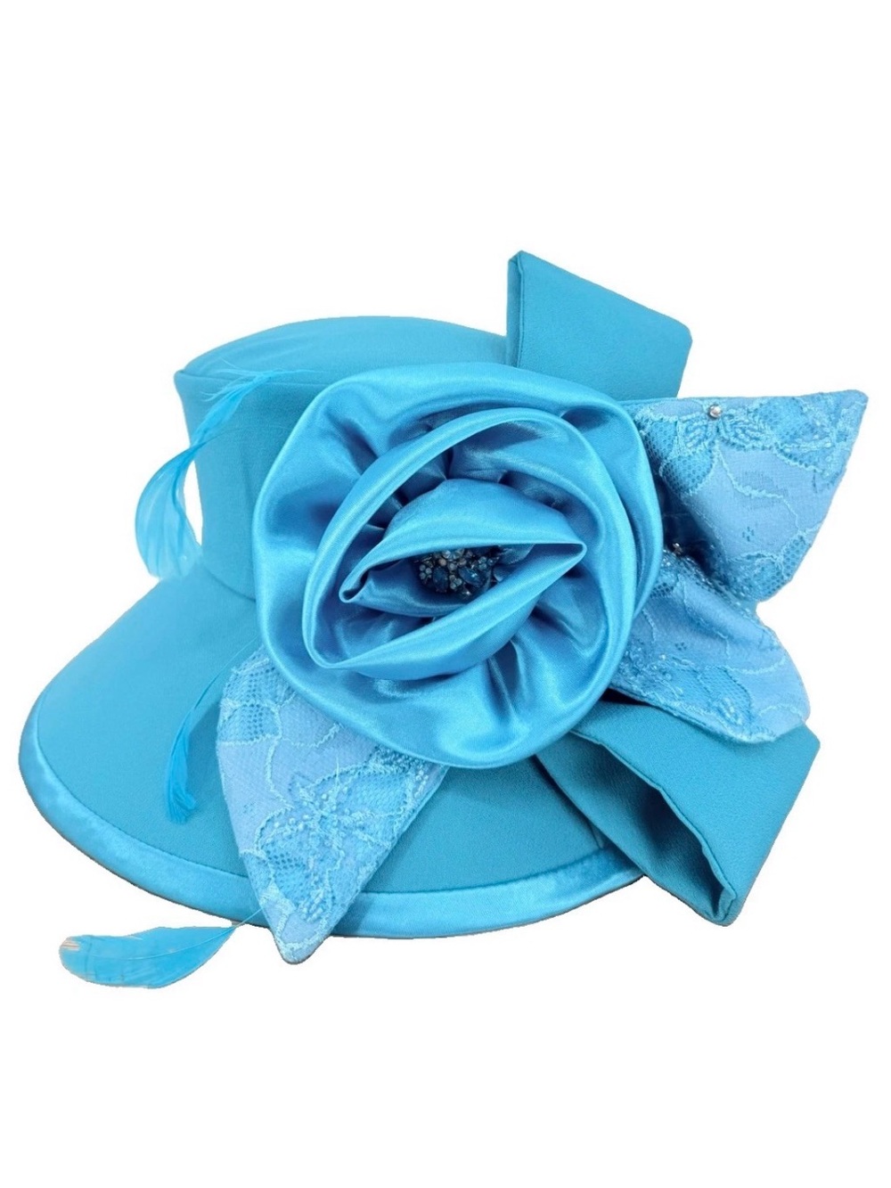 Studio B Blue Opening Day Derby Hat Rose Lace Feather Race Day Church Statement